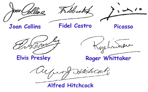 Signatures of Joan Collins, Fidel Castro, Picasso, Alfred Hitchcock, Roger Whittaker, Elvis Priesly,